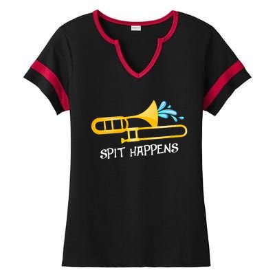 Funny Spit Happens Trombone Player Band Gift Accessories Ladies Halftime Notch Neck Tee