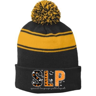 Funny SLP Halloween Costume Pumpkin Fall Skeleton Stripe Pom Pom Beanie