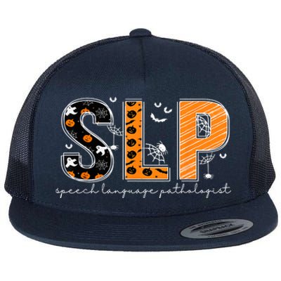 Funny SLP Halloween Costume Pumpkin Fall Skeleton Flat Bill Trucker Hat