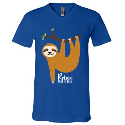 Funny Sloth Hanging On A Tree Gift Funny Sloth Lover Relax Take It Easy Gift V-Neck T-Shirt