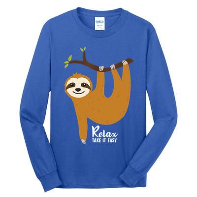 Funny Sloth Hanging On A Tree Gift Funny Sloth Lover Relax Take It Easy Gift Tall Long Sleeve T-Shirt