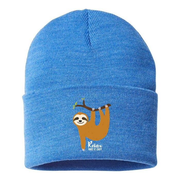 Funny Sloth Hanging On A Tree Gift Funny Sloth Lover Relax Take It Easy Gift Sustainable Knit Beanie