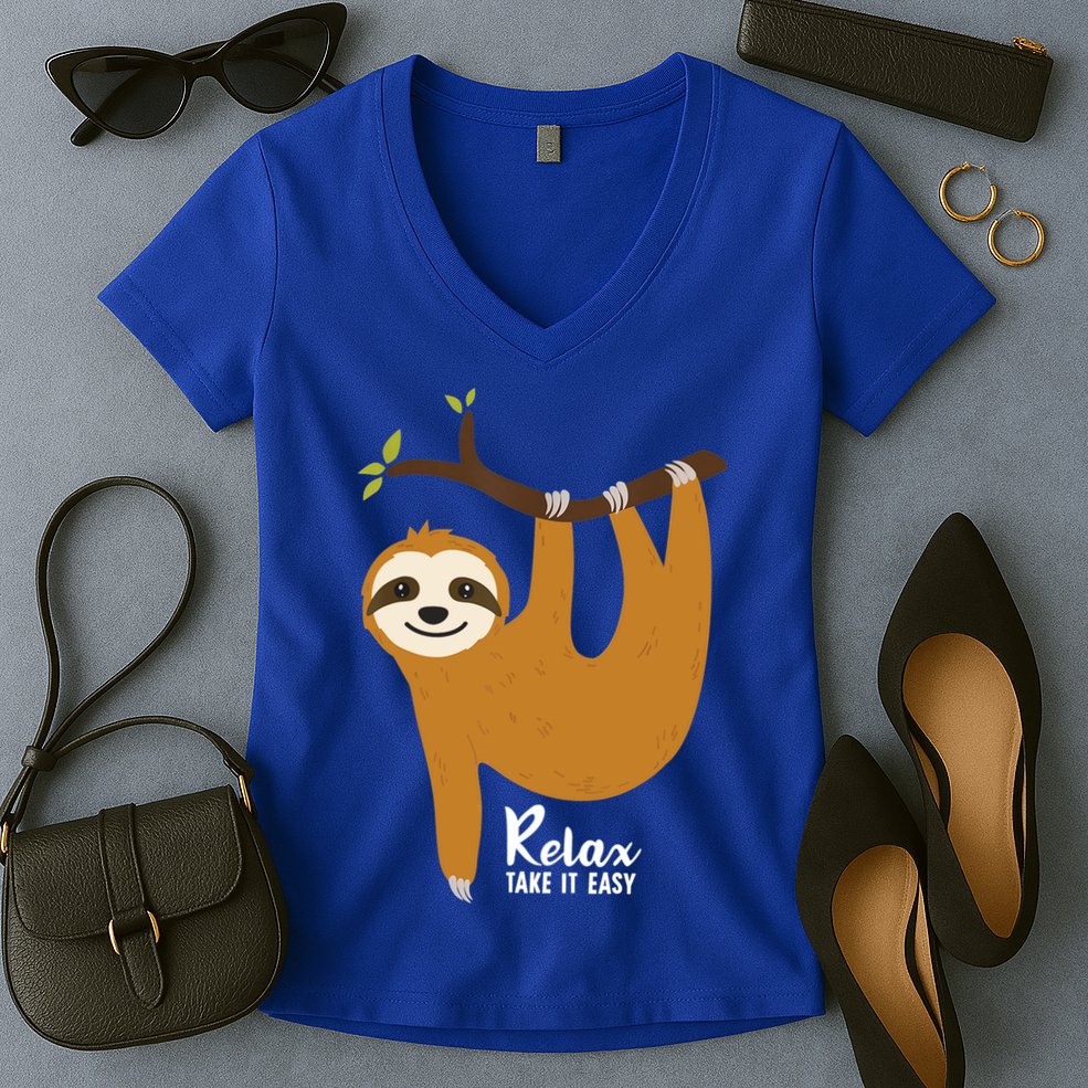 Funny Sloth Hanging On A Tree Gift Funny Sloth Lover Relax Take It Easy Gift Women's V-Neck T-Shirt