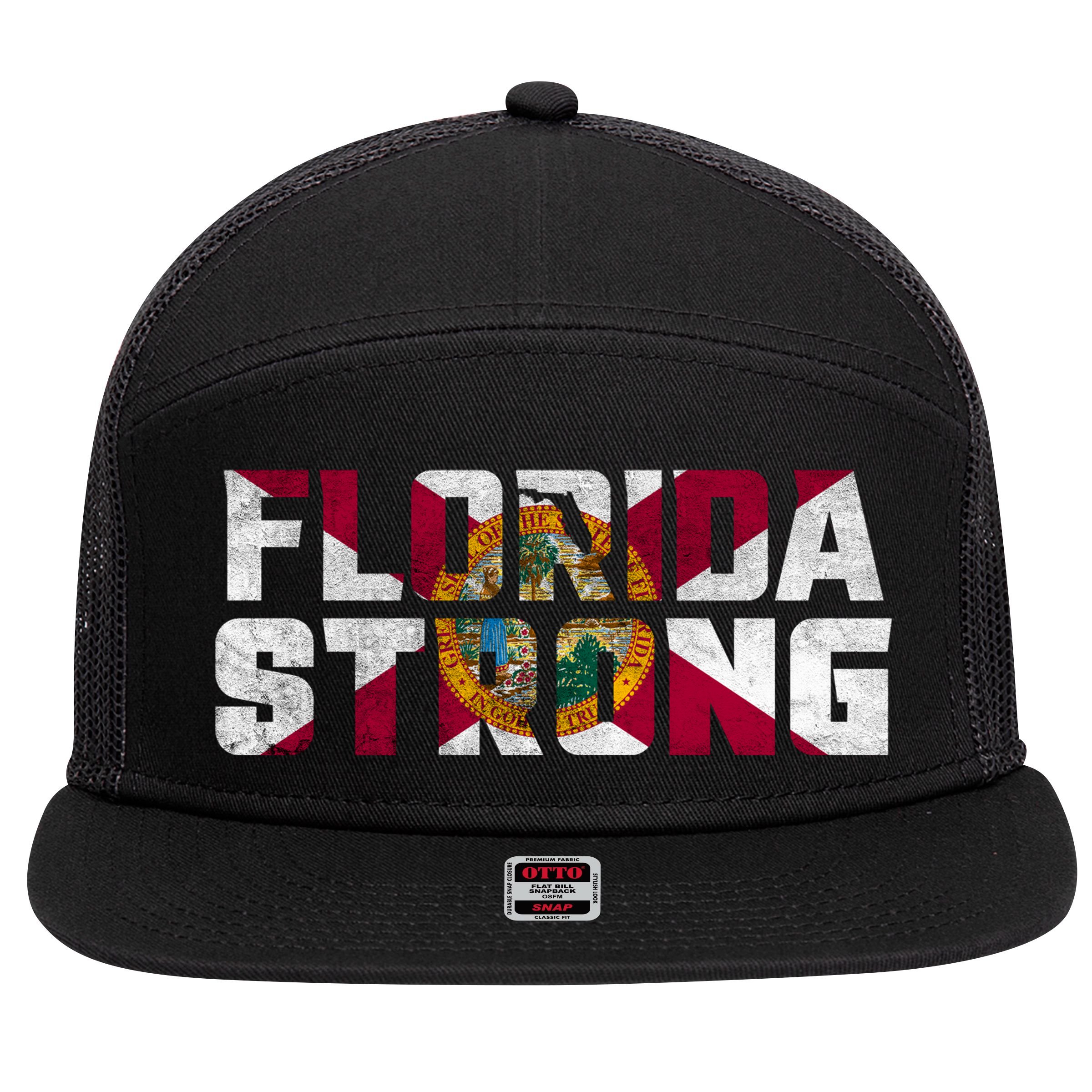 Florida Strong Hurricane Ian Support Florida Vintage American US Flag 7 Panel Mesh Trucker Snapback Hat