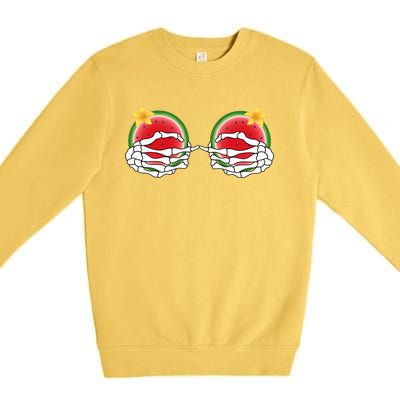 Funny Skeleton Hands On Chest Boobs Watermelon Slices Gift Premium Crewneck Sweatshirt