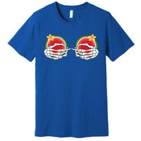 Funny Skeleton Hands On Chest Boobs Watermelon Slices Gift Premium T-Shirt