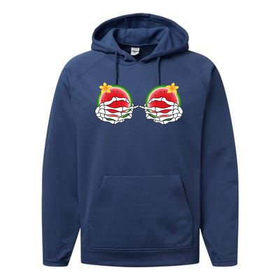 Funny Skeleton Hands On Chest Boobs Watermelon Slices Gift Performance Fleece Hoodie