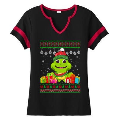 Frog Santa Hat Ugly Christmas Sweater Snowflake Animal Lover Gift Ladies Halftime Notch Neck Tee