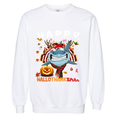 Funny Shark Halloween Christmas Shark Happy Hallothanksmas Gift Garment-Dyed Sweatshirt