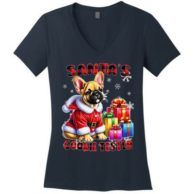 Frenchie Santa Hat & Christmas Lights Cute French Bulldog Women's V-Neck T-Shirt