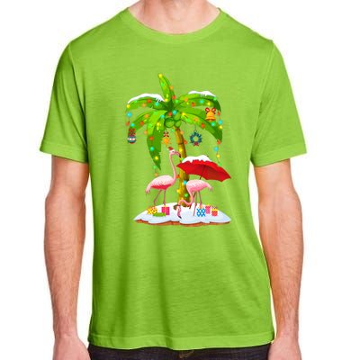 Flamingo Santa Hat Palm Tree Merry Christmas Lights Adult ChromaSoft Performance T-Shirt