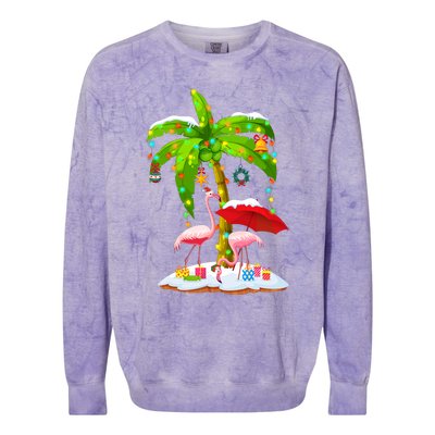 Flamingo Santa Hat Palm Tree Merry Christmas Lights Colorblast Crewneck Sweatshirt