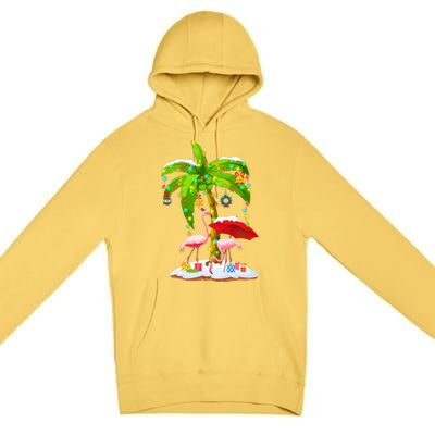 Flamingo Santa Hat Palm Tree Merry Christmas Lights Premium Pullover Hoodie