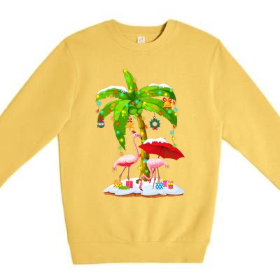 Flamingo Santa Hat Palm Tree Merry Christmas Lights Premium Crewneck Sweatshirt