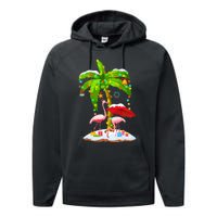 Flamingo Santa Hat Palm Tree Merry Christmas Lights Performance Fleece Hoodie