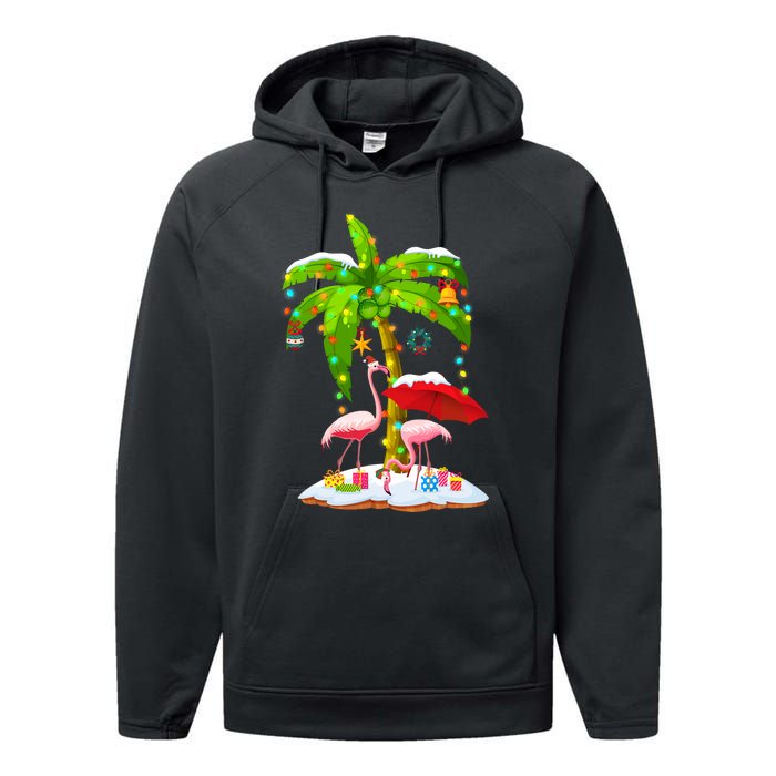 Flamingo Santa Hat Palm Tree Merry Christmas Lights Performance Fleece Hoodie