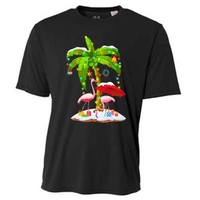 Flamingo Santa Hat Palm Tree Merry Christmas Lights Cooling Performance Crew T-Shirt