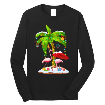 Flamingo Santa Hat Palm Tree Merry Christmas Lights Long Sleeve Shirt