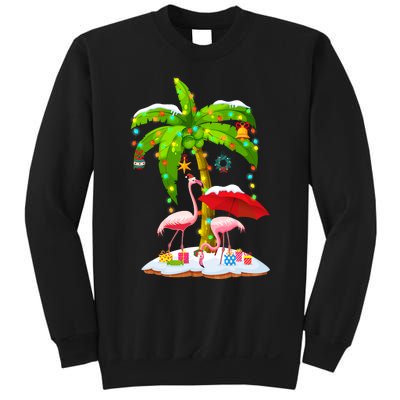 Flamingo Santa Hat Palm Tree Merry Christmas Lights Sweatshirt