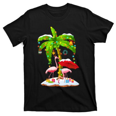 Flamingo Santa Hat Palm Tree Merry Christmas Lights T-Shirt