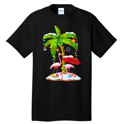 Flamingo Santa Hat Palm Tree Merry Christmas Lights Tall T-Shirt