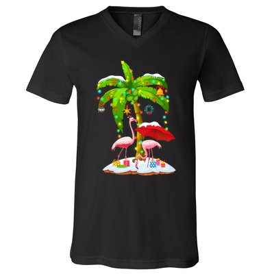 Flamingo Santa Hat Palm Tree Merry Christmas Lights V-Neck T-Shirt