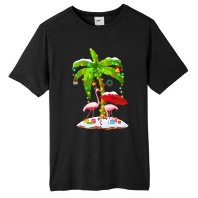 Flamingo Santa Hat Palm Tree Merry Christmas Lights Tall Fusion ChromaSoft Performance T-Shirt