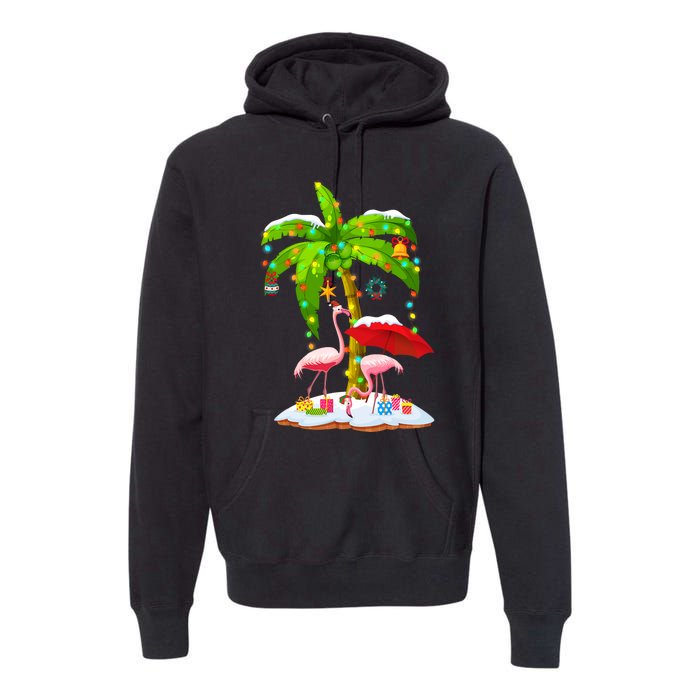 Flamingo Santa Hat Palm Tree Merry Christmas Lights Premium Hoodie