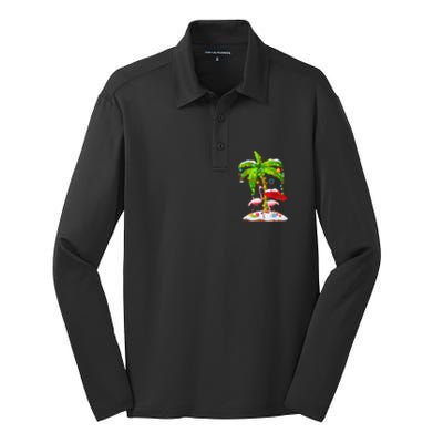 Flamingo Santa Hat Palm Tree Merry Christmas Lights Silk Touch Performance Long Sleeve Polo