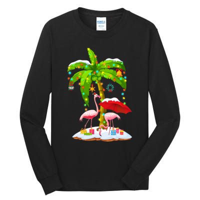 Flamingo Santa Hat Palm Tree Merry Christmas Lights Tall Long Sleeve T-Shirt