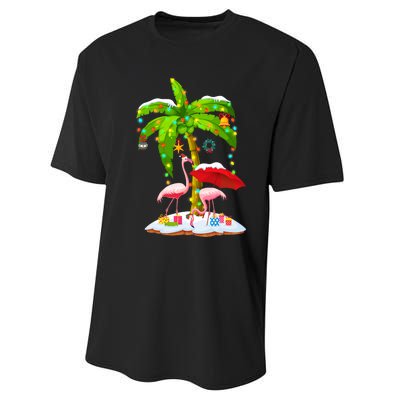 Flamingo Santa Hat Palm Tree Merry Christmas Lights Performance Sprint T-Shirt