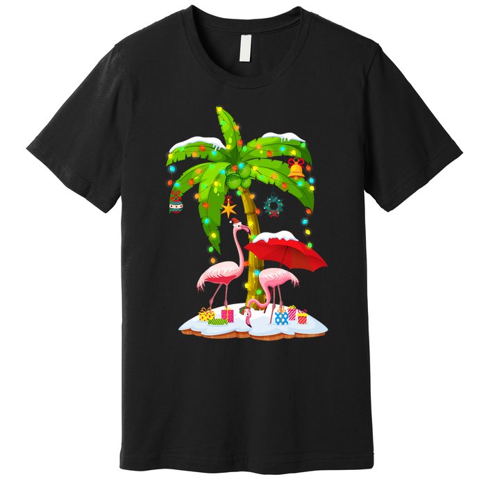 Flamingo Santa Hat Palm Tree Merry Christmas Lights Premium T-Shirt