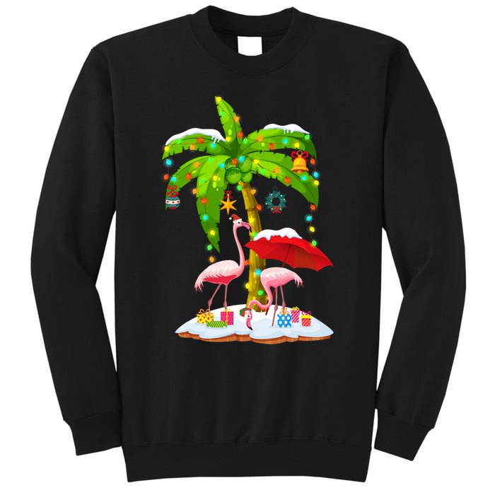 Flamingo Santa Hat Palm Tree Merry Christmas Lights Tall Sweatshirt