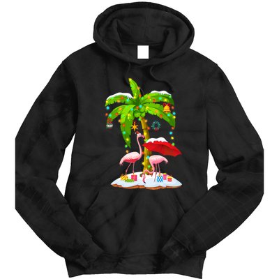 Flamingo Santa Hat Palm Tree Merry Christmas Lights Tie Dye Hoodie