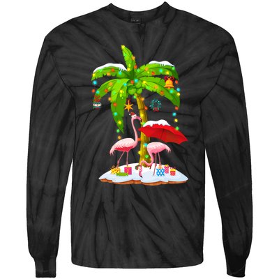 Flamingo Santa Hat Palm Tree Merry Christmas Lights Tie-Dye Long Sleeve Shirt