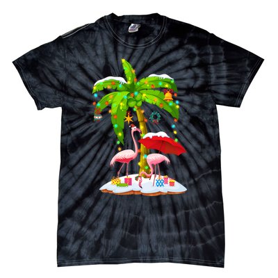 Flamingo Santa Hat Palm Tree Merry Christmas Lights Tie-Dye T-Shirt