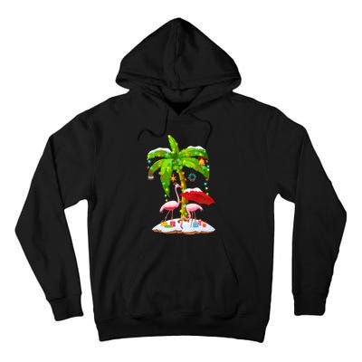 Flamingo Santa Hat Palm Tree Merry Christmas Lights Tall Hoodie