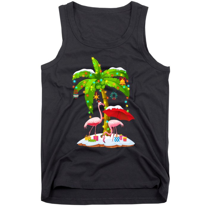 Flamingo Santa Hat Palm Tree Merry Christmas Lights Tank Top