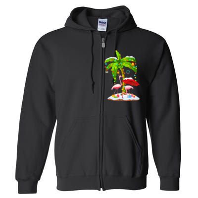 Flamingo Santa Hat Palm Tree Merry Christmas Lights Full Zip Hoodie