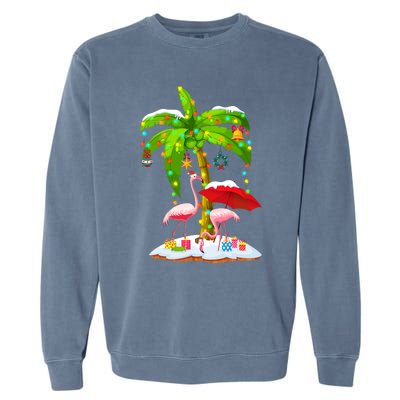 Flamingo Santa Hat Palm Tree Merry Christmas Lights Garment-Dyed Sweatshirt