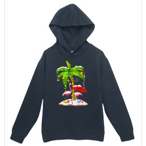 Flamingo Santa Hat Palm Tree Merry Christmas Lights Urban Pullover Hoodie