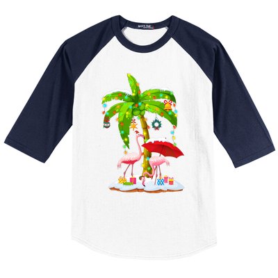 Flamingo Santa Hat Palm Tree Merry Christmas Lights Baseball Sleeve Shirt