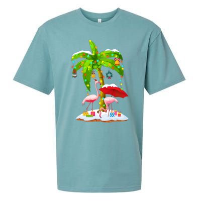 Flamingo Santa Hat Palm Tree Merry Christmas Lights Sueded Cloud Jersey T-Shirt