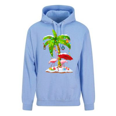 Flamingo Santa Hat Palm Tree Merry Christmas Lights Unisex Surf Hoodie