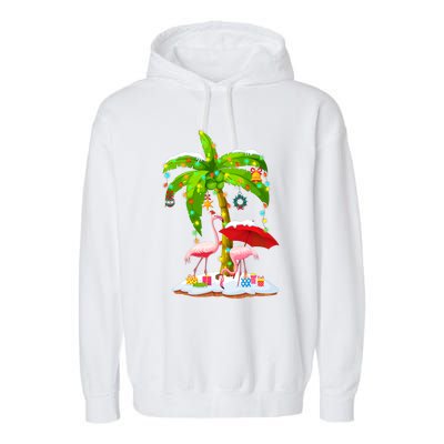 Flamingo Santa Hat Palm Tree Merry Christmas Lights Garment-Dyed Fleece Hoodie