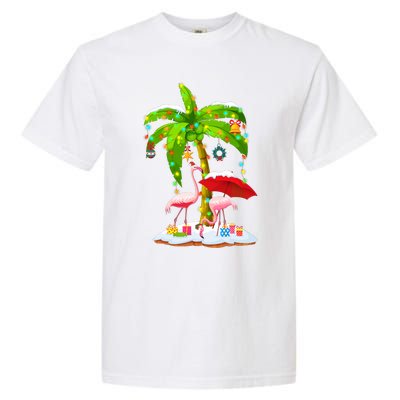 Flamingo Santa Hat Palm Tree Merry Christmas Lights Garment-Dyed Heavyweight T-Shirt