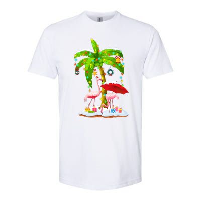 Flamingo Santa Hat Palm Tree Merry Christmas Lights Softstyle CVC T-Shirt