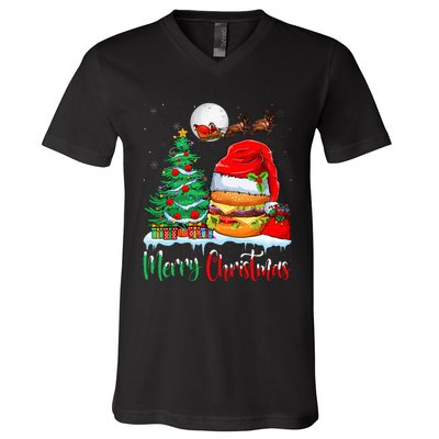 Festive Santa Hat Hamburger Christmas Holiday Gift V-Neck T-Shirt