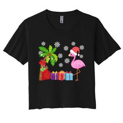 Flamingo Santa Hat Christmas In July Hawaiian Lover Holiday Women's Crop Top Tee