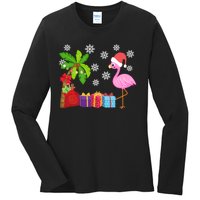 Flamingo Santa Hat Christmas In July Hawaiian Lover Holiday Ladies Long Sleeve Shirt